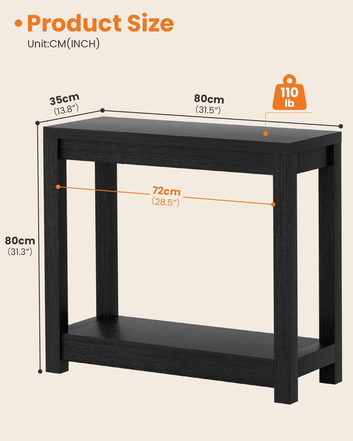iSunirm Konsolentisch 80 cm Breit, Schmaler Flurtisch, Beistelltisch Console Table, Stabiler Eingangstisch für Flur & Wohnzimmer, Tisch hinter dem Sofa, Modernes Design Schwarz