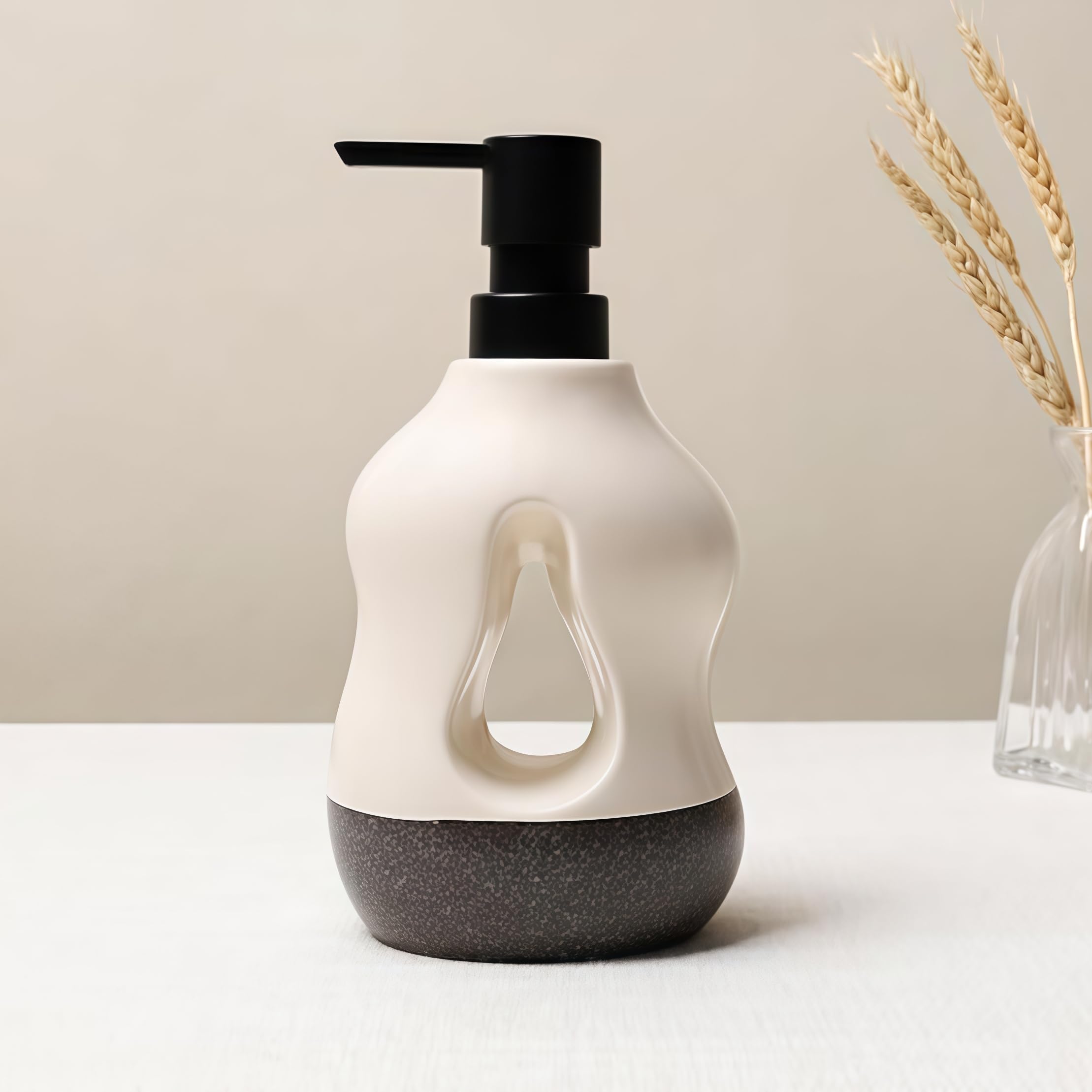 BosilunLife Ceramic Soap Dispenser - Soap Pump Dispenser Bathroom Kitchen Modern Farmhouse Elegant Refillable Soap Dispenser Lotion Hand Pump Dispenser for Kitchen Sink (Beige With Black, 14.5oz) — image 1