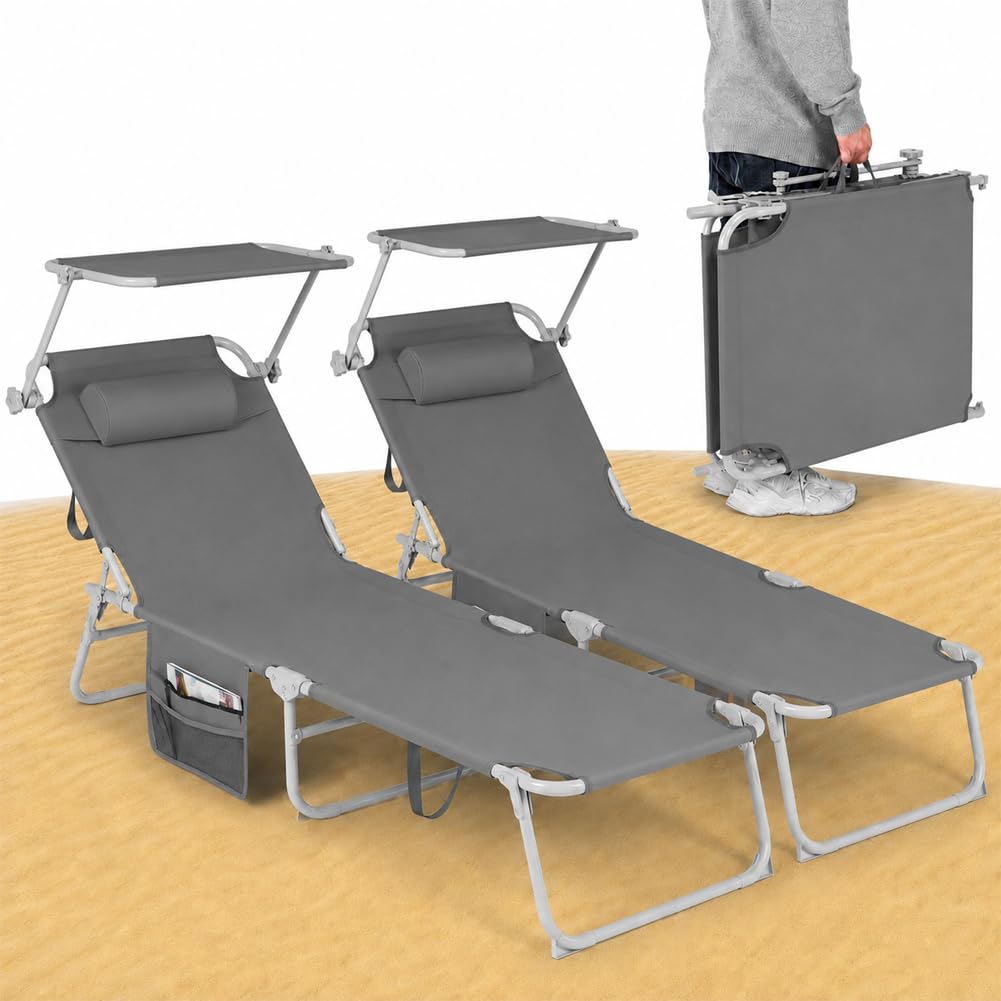 BAKAJI Set 2 Lettini Pieghevoli da Spiaggia per Esterno, Sdraio da Mare con Parasole Reclinabile e Cuscino Ergonomico, Struttura Salvaspazio e Tasca Portaoggetti, Rivestimento Traspirante (Grigio)