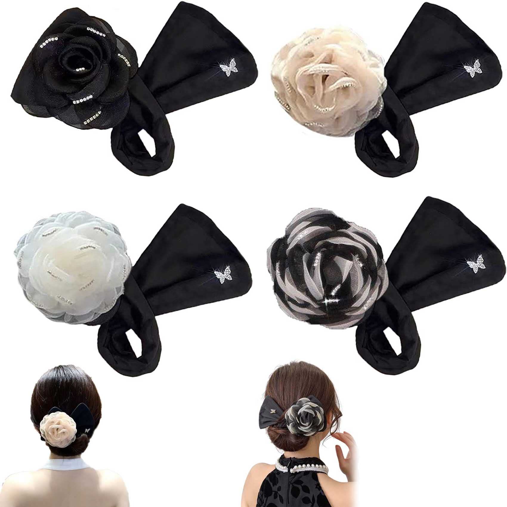 Exquisite Big Flower Deft Bun, Rose Flower Hairpin Hair Clip Flower, Hair Bun Maker French Twist Hair Fold Wrap Snap Band, Lazy Hair Curler Bun Maker for Women Girls Hair Twist (4PCS)