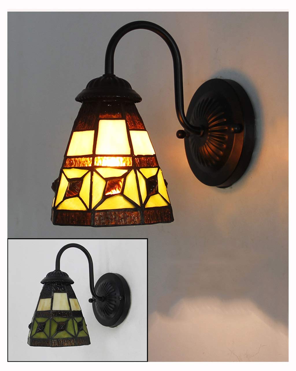 Aioneer Tiffany Style Wall Light, Wall Lamp Tiffany Style Mediterranean Stained Glass Wall Light, Corridor Aisle Bedroom Sconces, Iron Base, E27, Max 60W,F-Glass