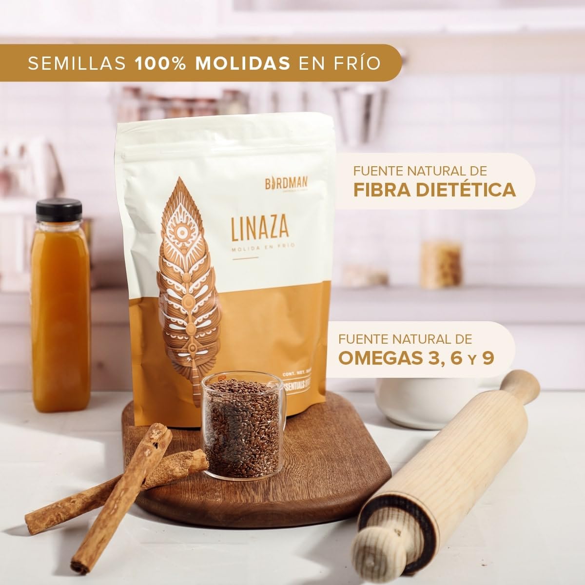 Birdman Linaza Dorada Molida en Frio, Sustituto de huevo, Libre de OGMs, Libre de Gluten, con Fibra, Omega-3, Omega 6 y Omega 9, 500 gr