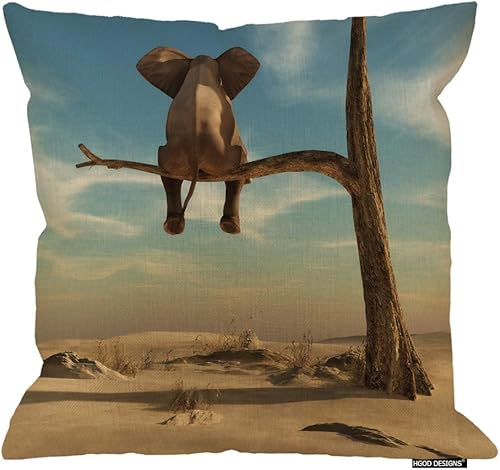 HGOD DESIGNS Funda de cojín cuadrada de elefante, soportes de elefante en rama delgada de árbol marchito en paisaje surrealista, fundas de cojín de