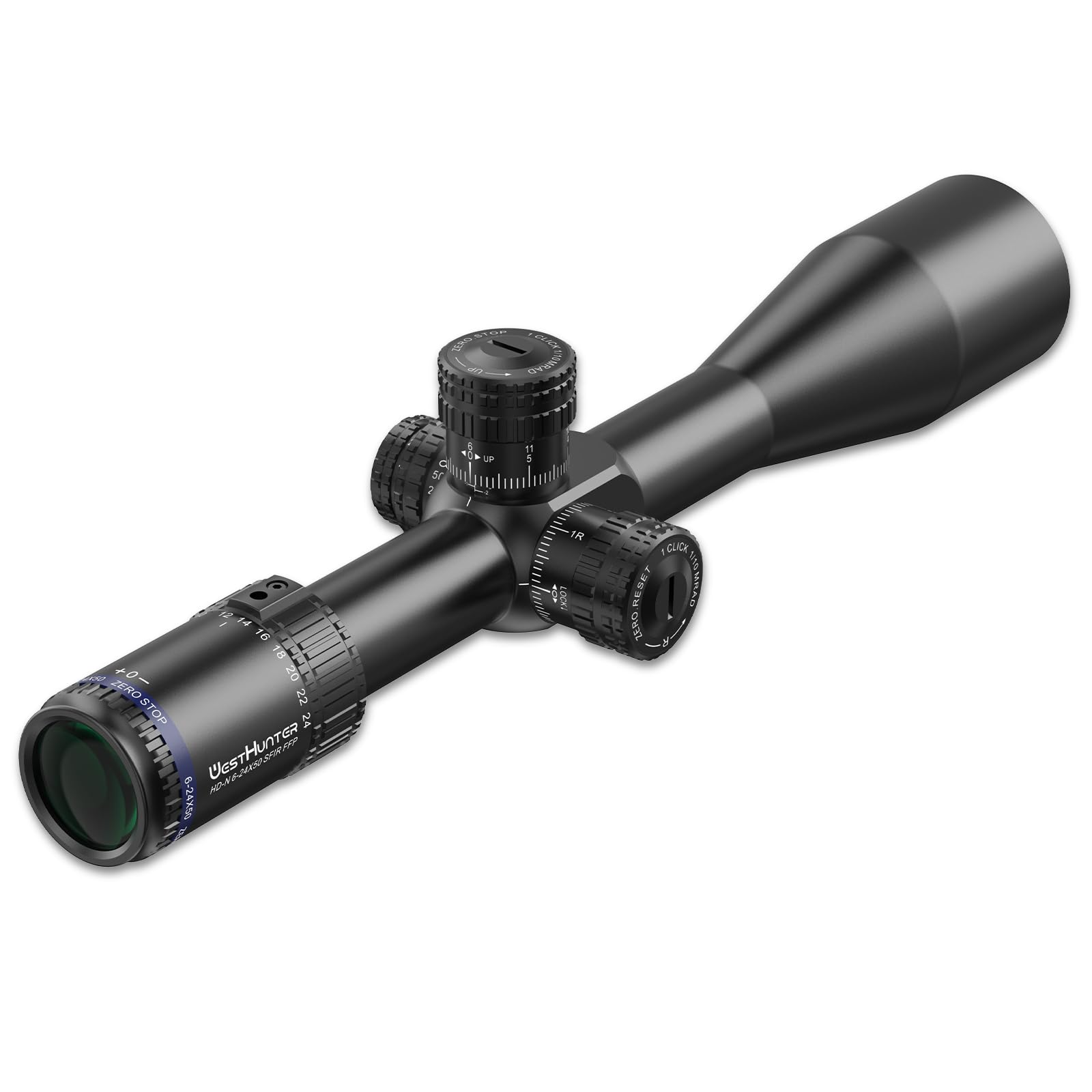 WestHunter HD-N SFIR FFP Zero Stop Mira Telescópica, Tubo 30mm, Primer Plano Focal, Retícula Vidrio Grabado Iluminada, Precisión 1/10 MIL - Indicado Únicamente para Actividades Deportivas