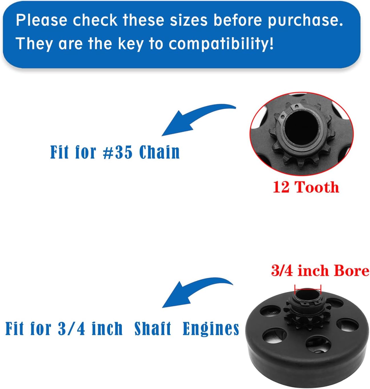 Go Kart Clutch 3/4" Bore 12 Tooth with #35 Chain, Centrifugal Clutch for Predator 212, Honda GC GX Engines and Most 2-6.5HP Small Engines performance Parts for MiniBike, Go Kart, Lawnmower.