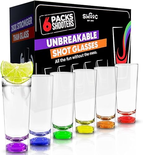 SWOOC Games - Juego de vasos de chupito altos irrompibles (paquete de 6) – 250 veces más fuerte que el vidrio, 25 veces más fuerte que el acrílico –