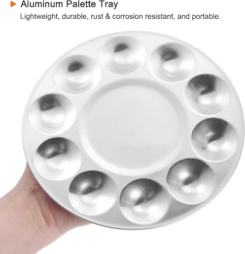 Miniatura 4 de HARFINGTON Paleta de pintura redonda de aluminio, 2 unidades, 10 pozos, plata, 6.7 x 3.35 pulgadas, bandeja de paleta de pintura para acrílico,