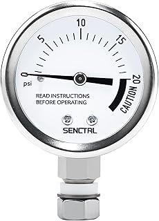 SENCTRL 20 Psi Pressure Cooker Gauge Replacement Part, 2" Dial Size, Stainless Steel Case, 3/8" UNC Male Lower Mount, Waterproof, with Gasket, Metal Washer and Nut, for Steam Canner, Pressure Cooker