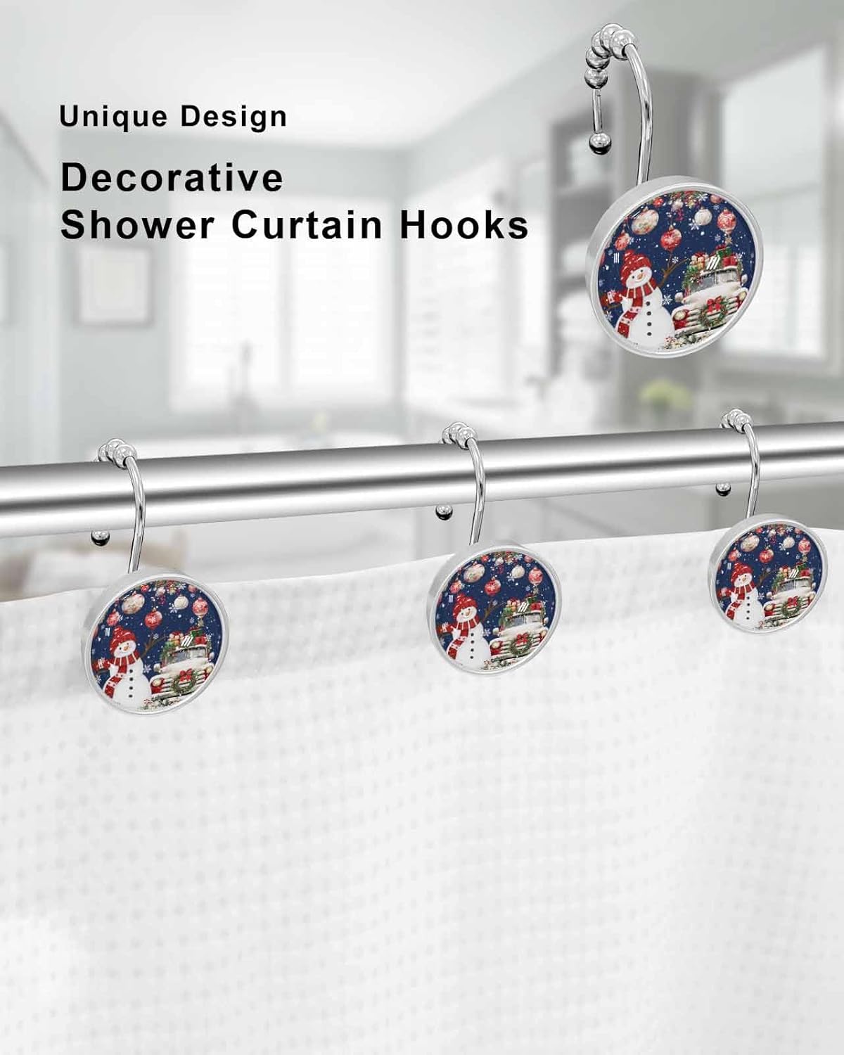 Shower Curtain Hooks 12 Pcs Christmas Red Snowman Balls Poinsettia Truck Navy Blue Stainless Steel Rust Proof Rolling Shower Curtain Rings, Decorative Shower Curtain Hooks Hangers for Bathroom