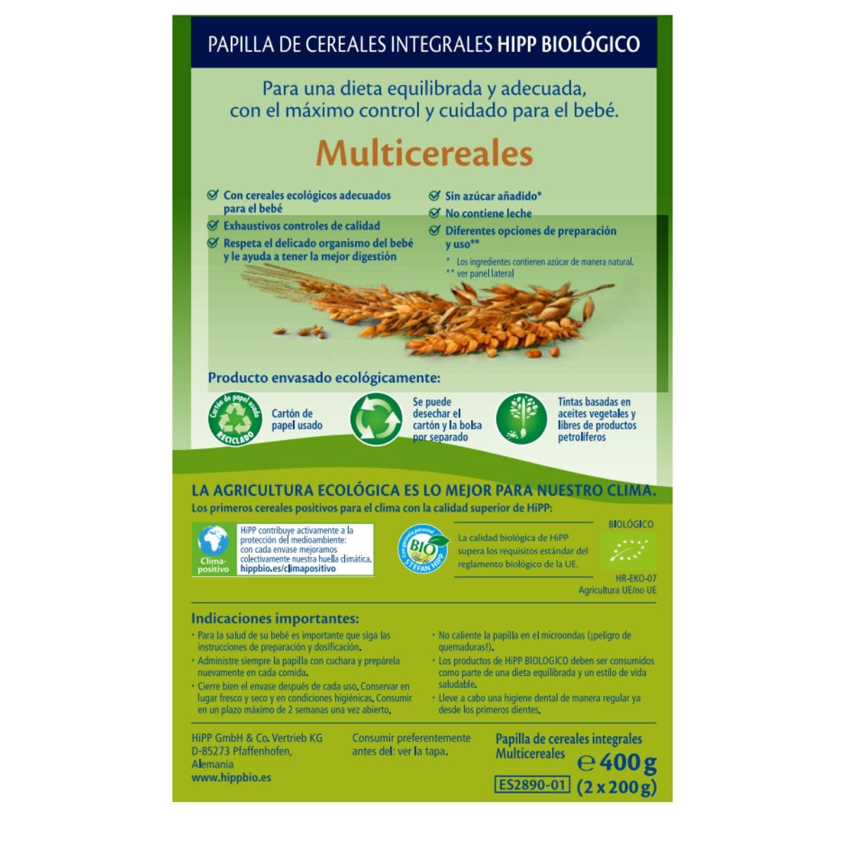 HiPP Biológico - Papilla Multicereales Bio - Pack x 4 cajas de 400 gr - Papilla de Cereales apta a partir de 6 meses - Sin lactosa, Sin Proteína de la Leche de Vaca y Sin azúcares