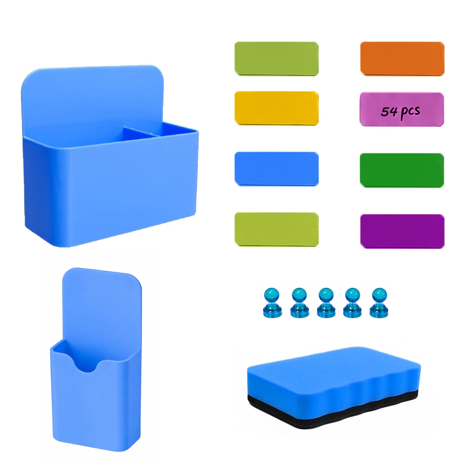 62Pcs Whiteboard Accessory Set: Pack of 54 Magnetic Labels Rewritable, 5 Strong Neodymium Magnets, 2 Magnetic Pen Holders and 1 Eraser for Whiteboard Fridge Student Teacher Classroom Shchool Office