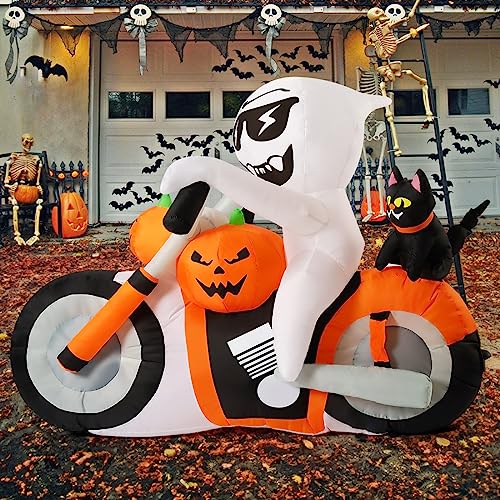 COMIN 6 FT Halloween Inflatables Ghost Outdoor Decorations Blow Up Yard Pumpkin Cat Motorcycle with Built-in LEDs for Indoor Party Garden Lawn Decor3