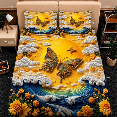 Image of RUMPS 7D HD Digital Printed Butterfly King Size Bedsheet with 2 Pillow Covers | Yellow Floral Ocean Theme Bedding Set 90x100 Inch