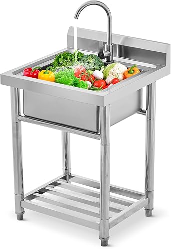 Fregadero utilitario de acero inoxidable de pie individual para lavandería, fregadero de cocina comercial al aire libre con tubo frío caliente para