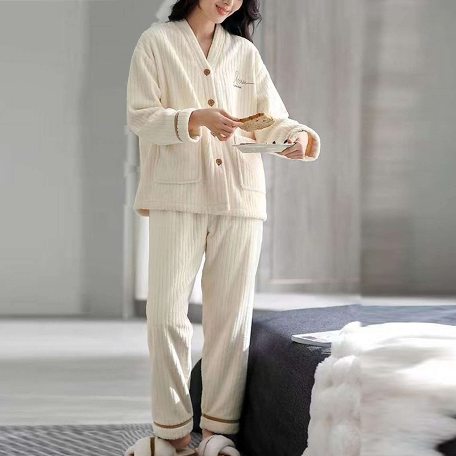 Pyjama Femme 2 Pièce Hiver Pilou Polaire Ensembles De Pyjama Femme Cachemire Huat Col en V Boutons Et De Bas en Peluche Épais Et Chaud Loungewear Vêtements De Nuit Noel avec Poche