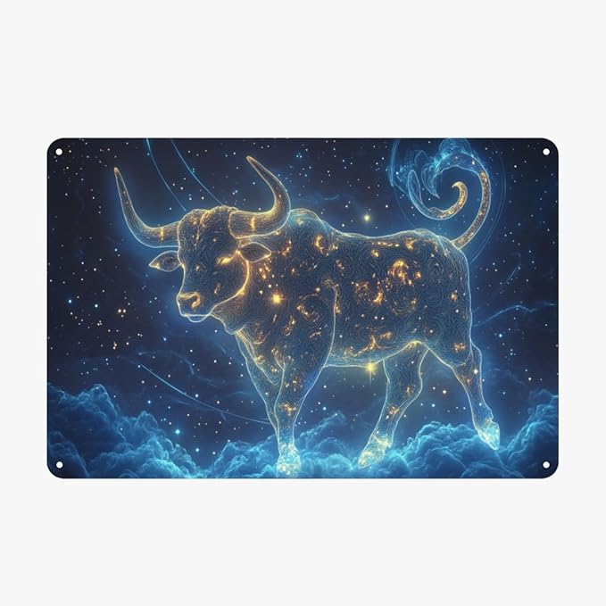 Taurus Metal tin sign,Bull with Golden Swirls & Celestial Stars,Easy-to-hang tinplate,bedroom, office walls Aluminum plaque 8x12 inches,Ideal choice for astrology enthusiasts