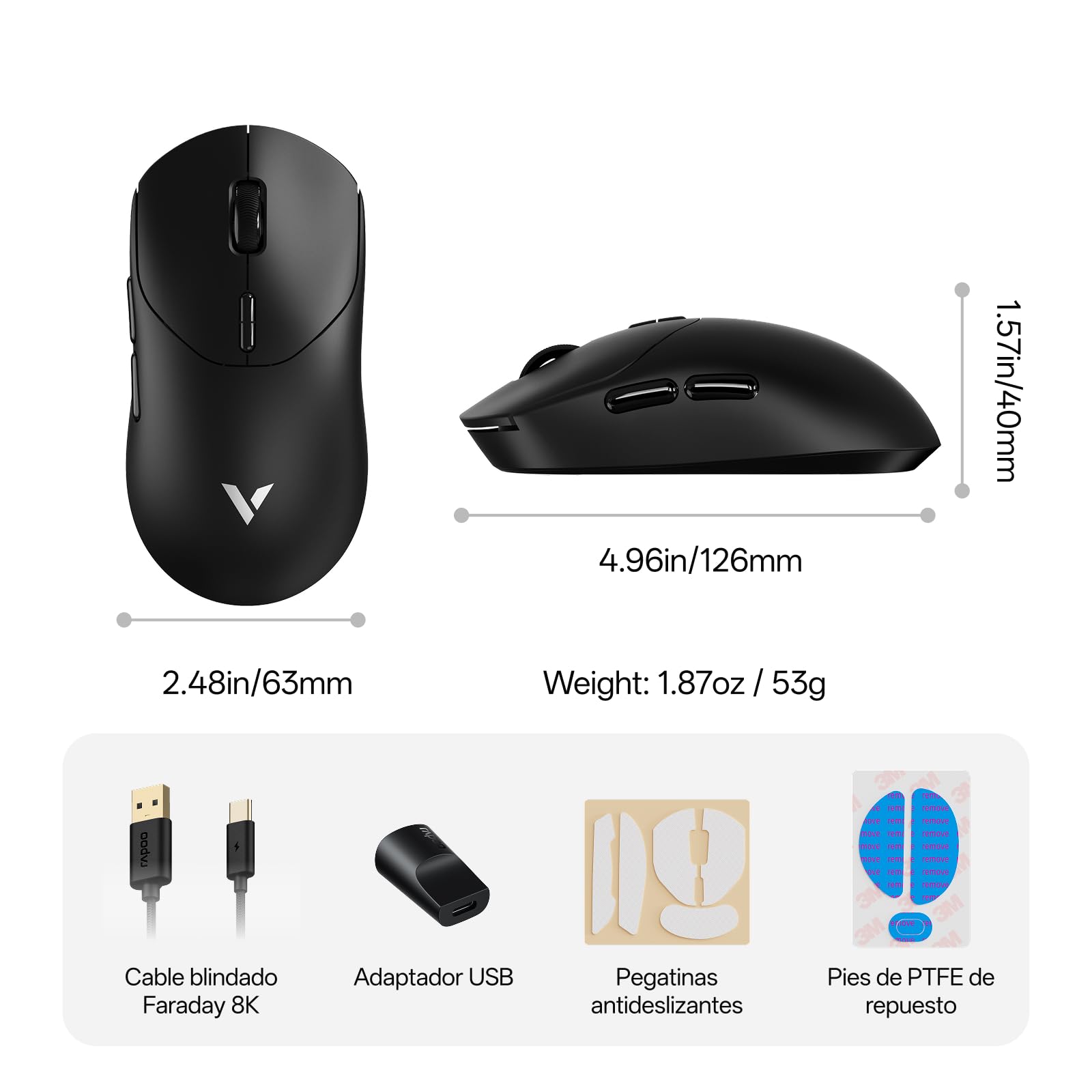 Rapoo VT2 Ratón Gaming Inalámbrico, Sensor Paw 3398, 26000DPI, Verdadero Sondeo de 8000 Hz, Ultraligero 53g, hasta 750 Horas de Batería, Interruptor Mecánico 100M, 10 Botones Programables, Negro