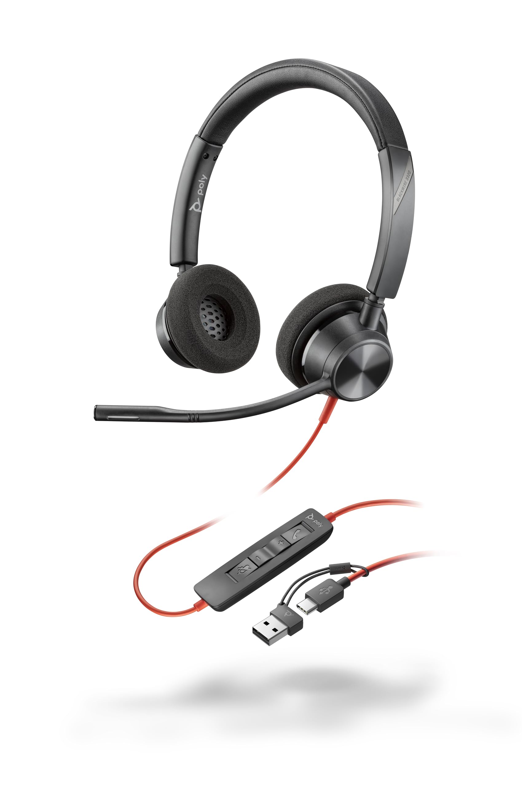 Schnurgebundenes Headset Poly Blackwire 3320 – Flexibler Mikrofonarm – Hi-Fi-Stereo – Verbindung mit PC/Mac über USB-C oder USB-A – Kompatibel mit Teams/Zoom