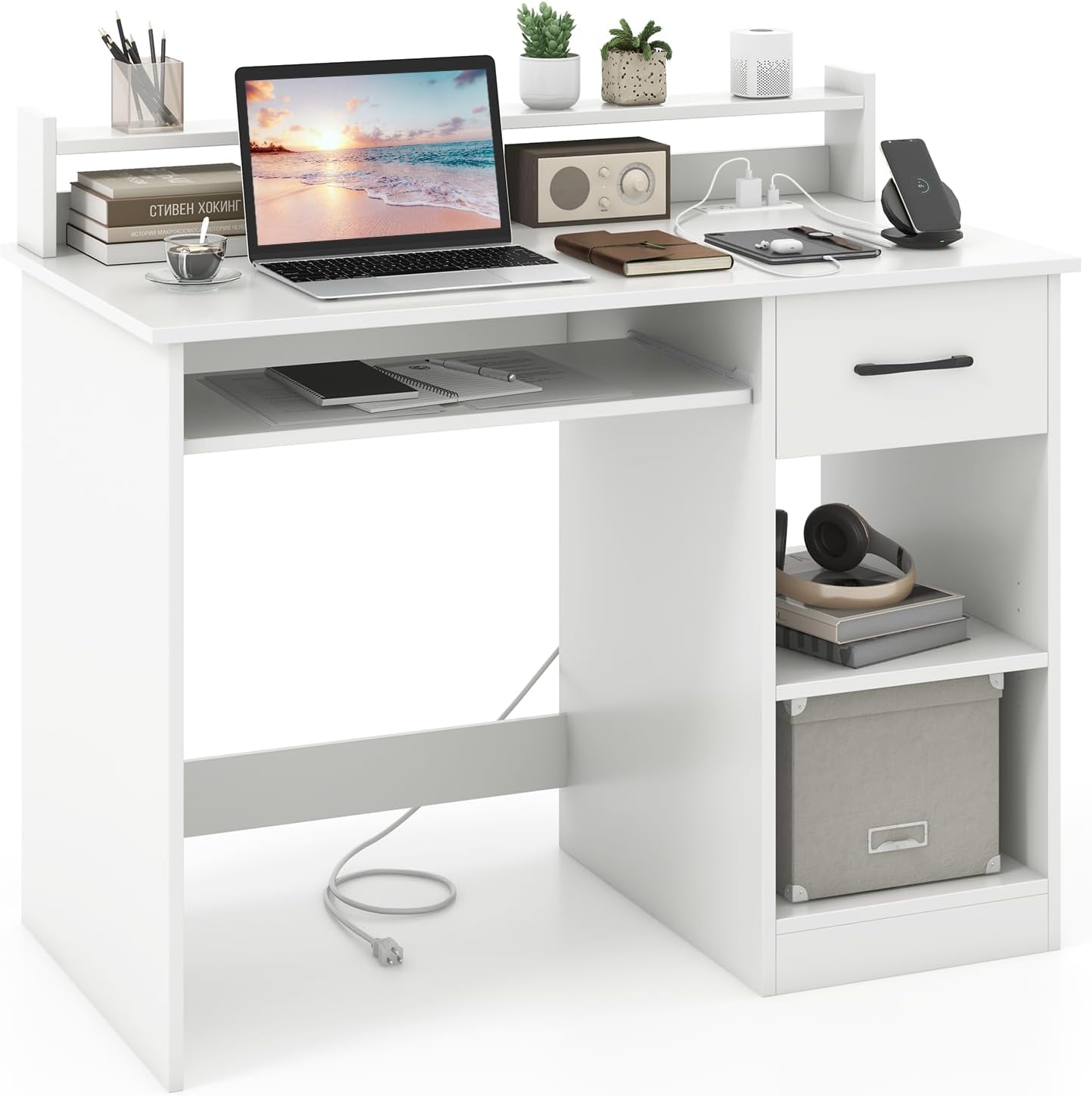 GOFLAME White Computer Desk with Charging Station, Type C Port, Modern Writing Desk with Drawer, Removable & Adjustable Shelf, Keyboard Tray, Home Office Laptop Desk with Hutch, for Bedroom, Study