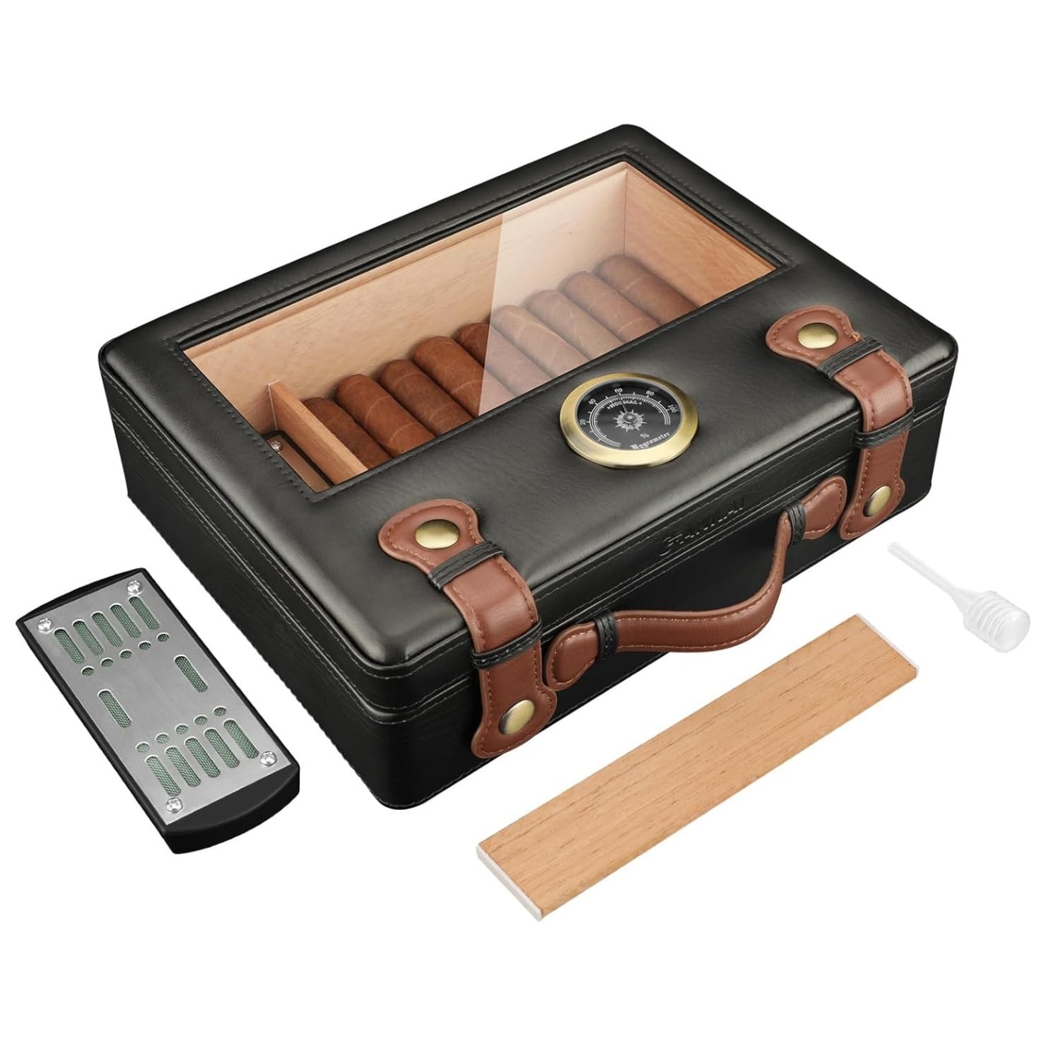 Scatola porta sigari per 30 sigari in pelle PU con coperchio vetro, umidificatore, igrometro, rivestimento cedro, regalo per marito, papà, festa del papà, Natale, compleanno,Nero