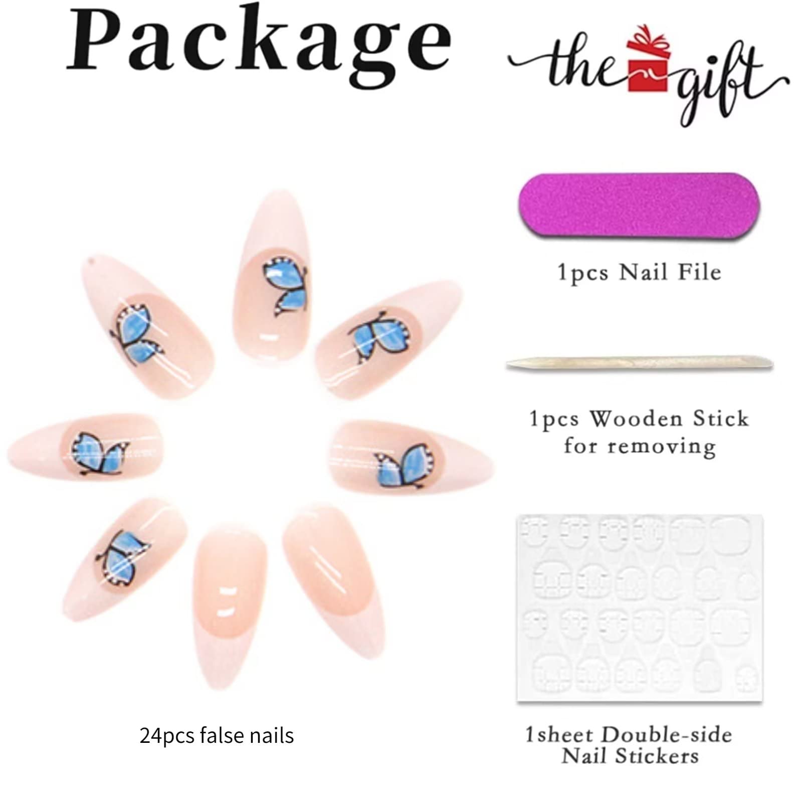 RUNRAYAY Blue Butterfly Acrylic Fack Nails Short with French Tips - Image 2