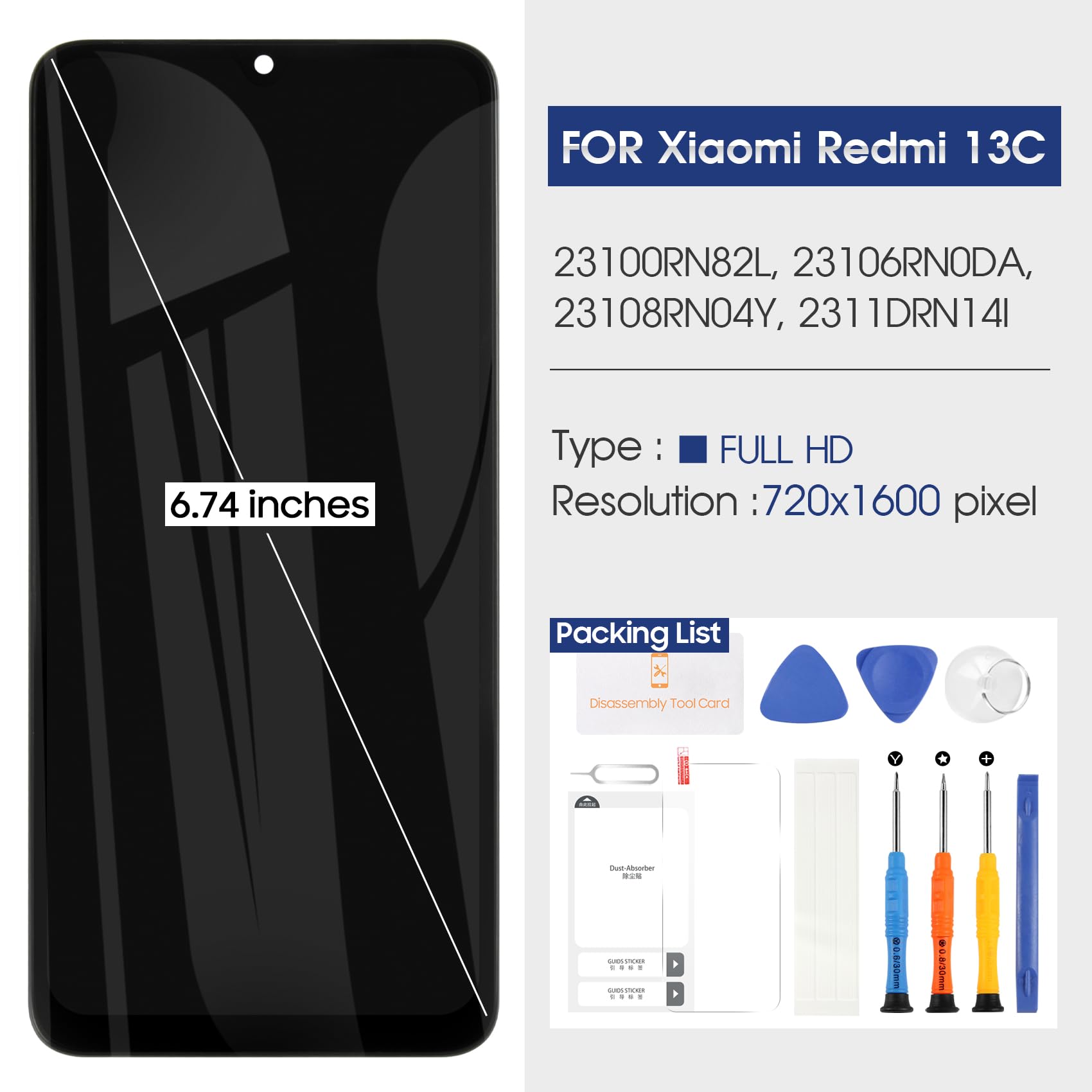 Schermo per Xiaomi Redmi 13C LCD Display - per Redmi 13C LCD Touch Screen Digitalizzatore per Redmi 13C 6.74” Schermo di Ricambio 23100RN82L 23106RN0DA 23108RN04Y Vetro Assemblaggio con Cornice