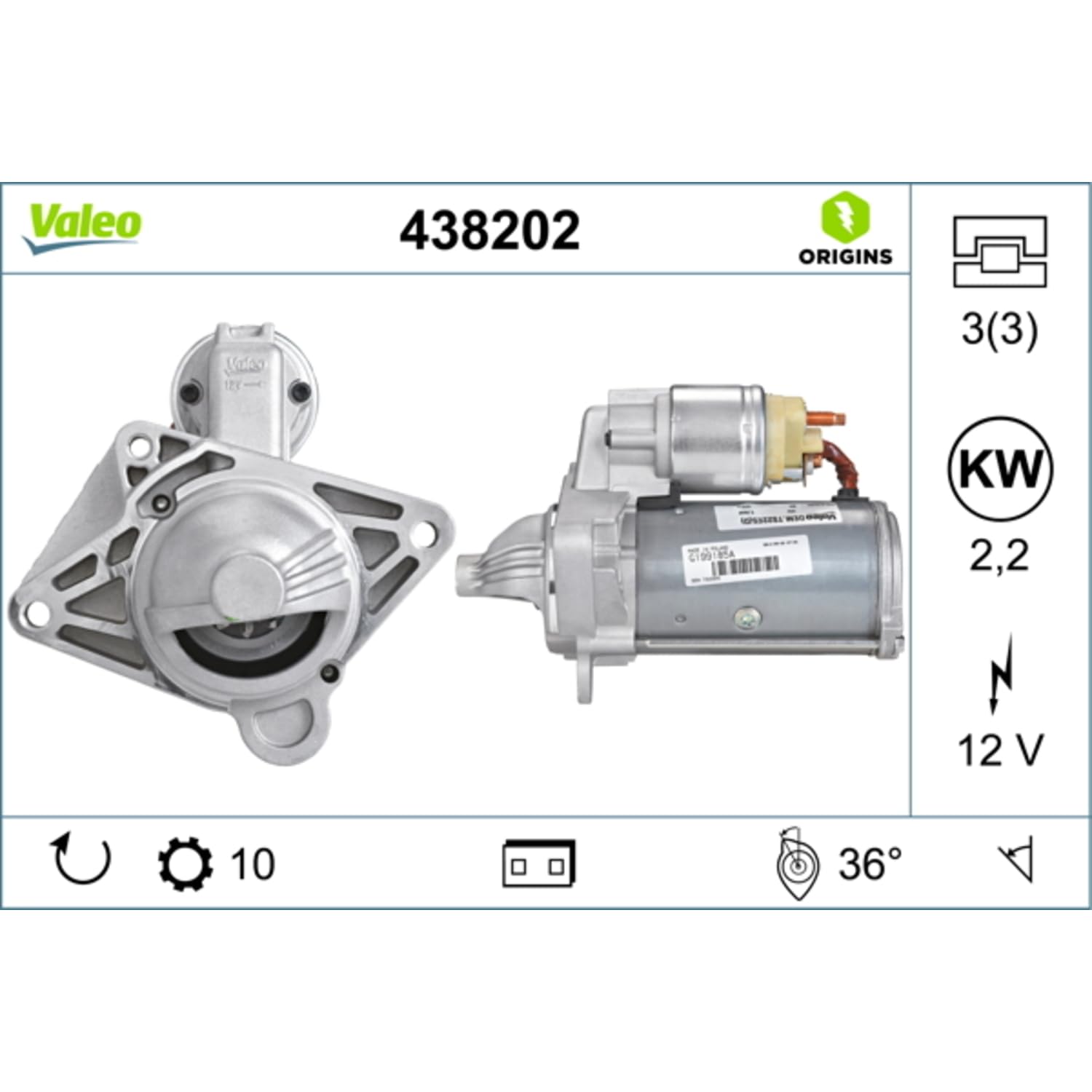 VALEO-438202-Motor de arranque- Potencia nominal: 2,2 kW - Stop & Start: NO - Número de dientes: 10 dientes - Tensión: 12 V - Sentido de rotación: CLOCKWISE