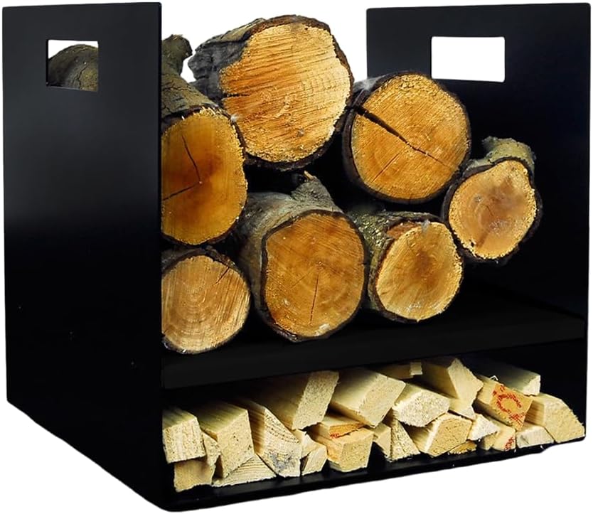 Compact 32cm Modern Firewood Steel Log Basket/Carrier for Woodstove Fireplace Wood Holder - Great British Made Galvanised Steel - Kindling, Match Storage - Black