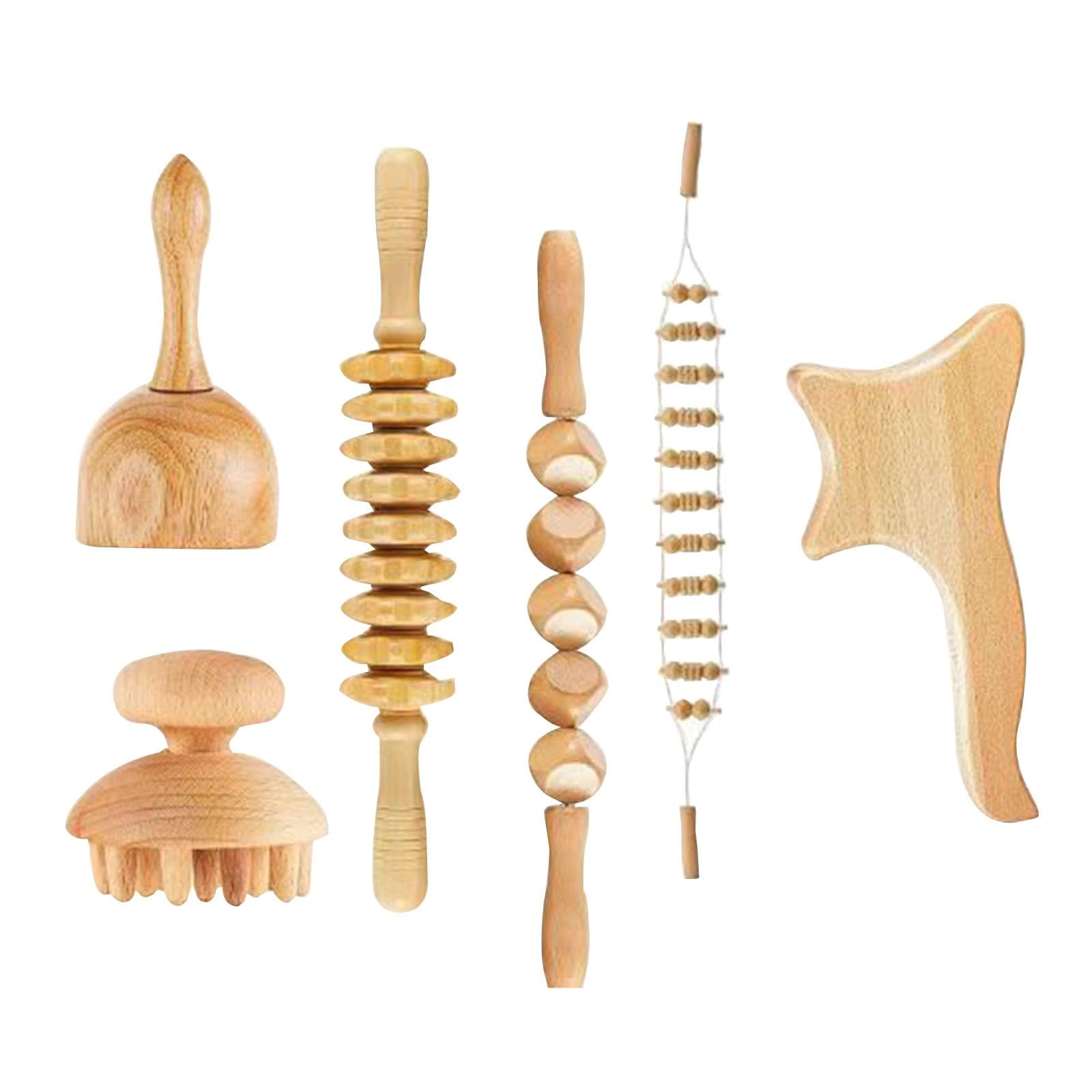 NICHOY Set di 6 Strumenti per Massaggio con Terapia del Legno, Strumenti terapeutici per alleviare Il Dolore Muscolare del Corpo, massaggiatore a rulli di Legno(6pcs)