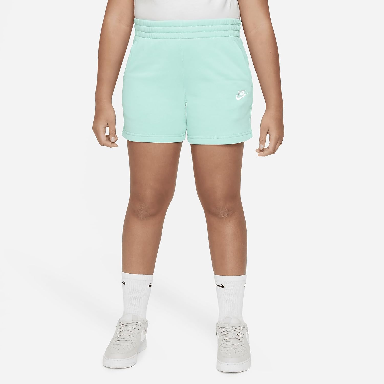 Nike Sportswear Club Fleece Big Kids' (Girls') 5" French Terry Shorts (Extended Size) (Emerald Rise/Emerald Rise/White, FD2920-349) Size Medium Plus