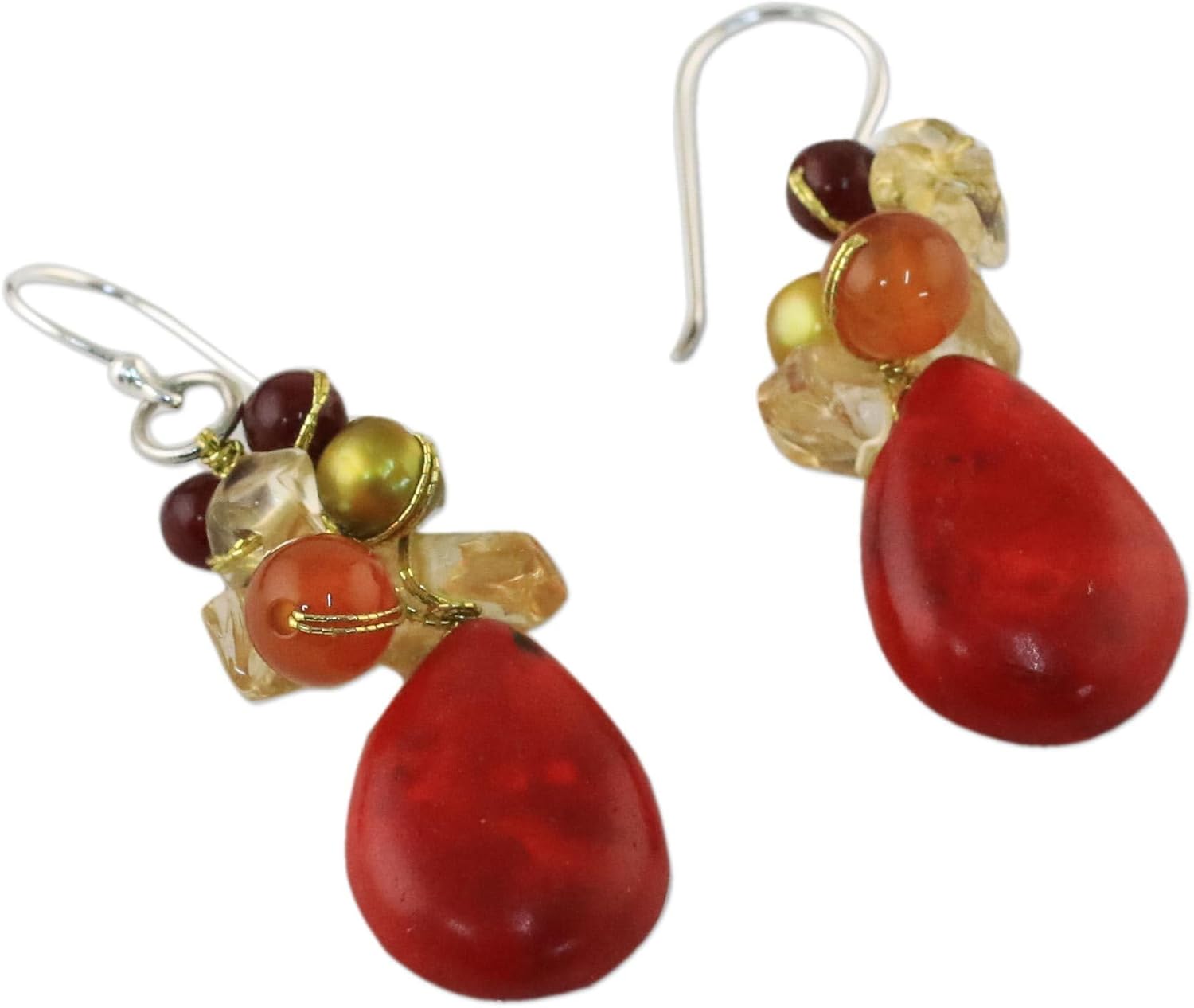 NOVICA Artisan Handmade Multigemstone Dangle Earrings Red Calcite from Thailand Sterling Silver Chalcedony Quartz Pearl Freshwater Cultured Multicolor Cluster Birthstone [1.8 in L x 0.5 in W] '