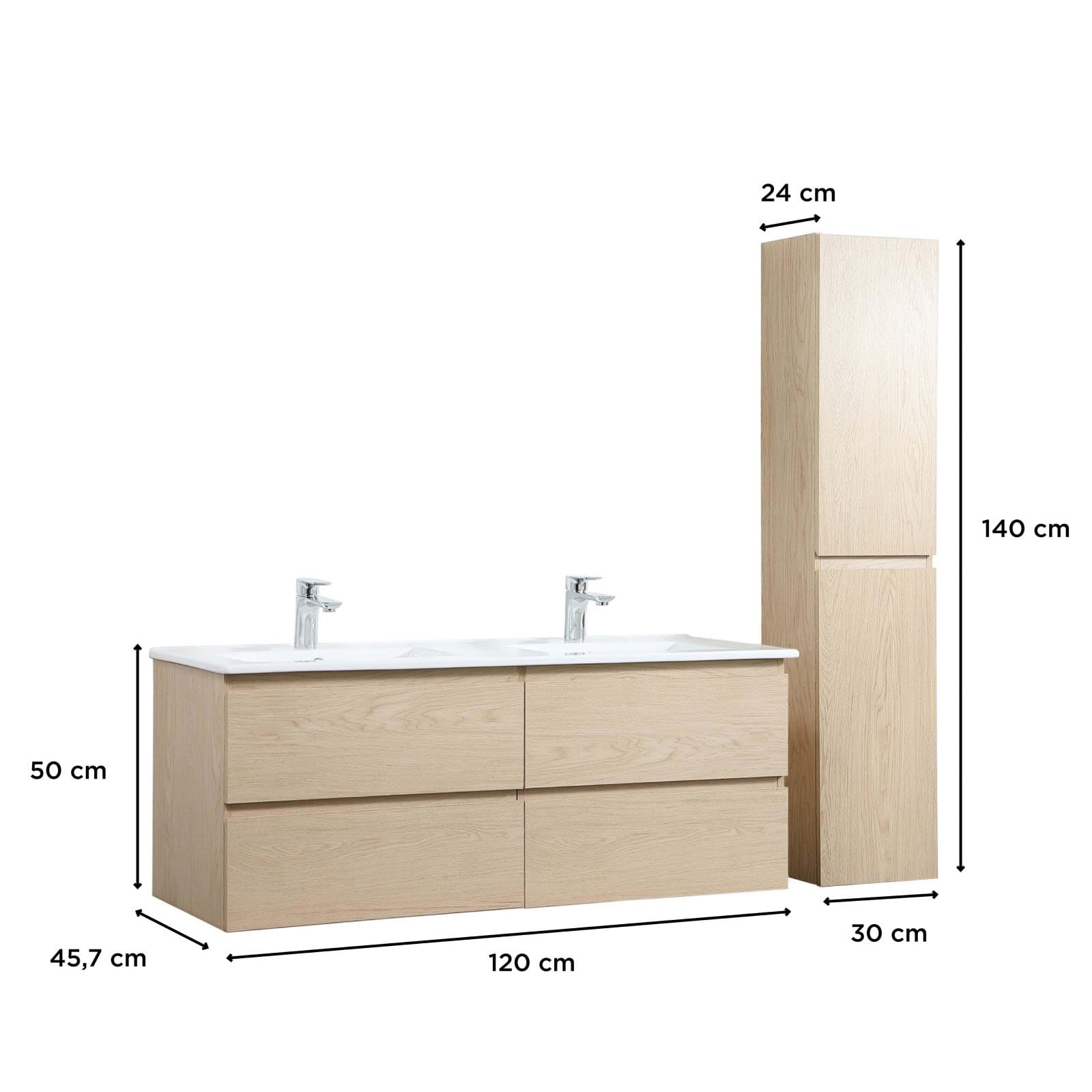 MOB-IN Meuble Double Vasque 120cm avec Plan céramique Sorrento Décor chêne + Colonne
