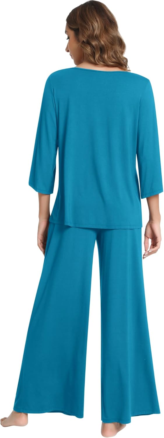 NACHILA Women's Pajamas Set 3/4 Sleeves Pjs V Neck Sleepwear Soft Loungewear with Wide Leg Pants, Viscose Made from Bamboo - Image 3