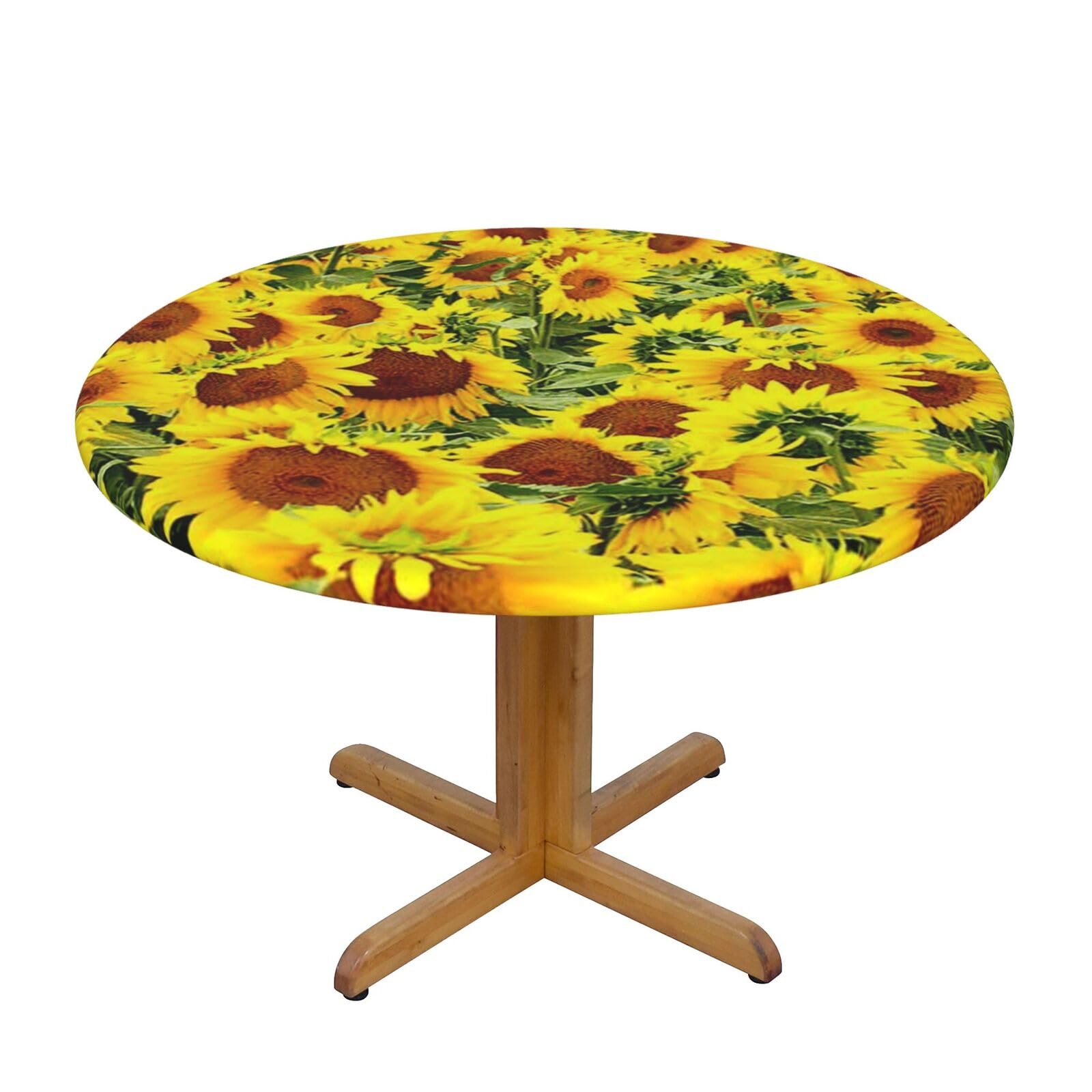 Ffshkowe Sunflowers Elastic Round Tablecloth Oil Proof Table Cover For Dining Party Picnic