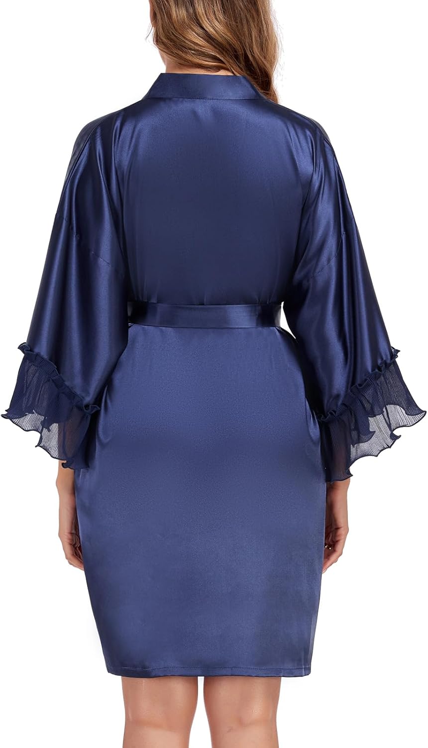 Women's Short Satin Robes Lightweight Kimono Bathrobe Ruffle Hem Bride Bridesmaids Wedding Party Sleepwear - Image 6