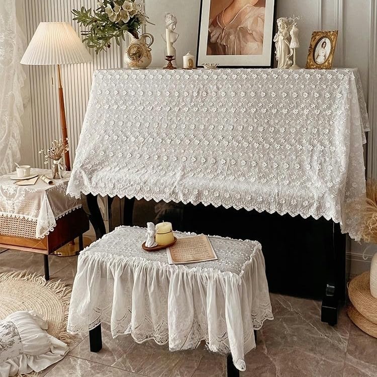 130 * 250CM Retro pizzo bianco margherita fiore ricamato copertura antipolvere per pianoforte verticale con copertura per sgabello mezza copertura per pianoforte verticale in tessuto pianoforte vertic