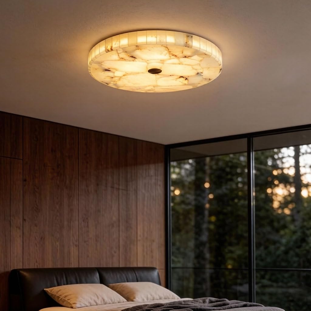 Plafonnier rond en onyx naturel et laiton massif avec éclairage LED 3 couleurs 40cm