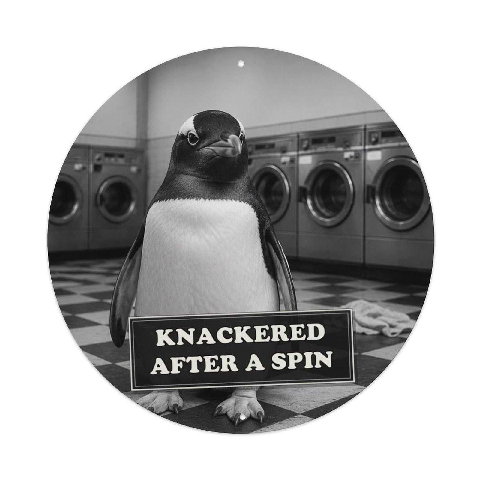 Animal Penguin Laundromat Absurd Anthropomorphic British Humor Metal Tin Sign Plaque Wall Decor for Cafe, Man Cave, Club Bar, Office, Home Garden Round Metal Poster 8x8Inch