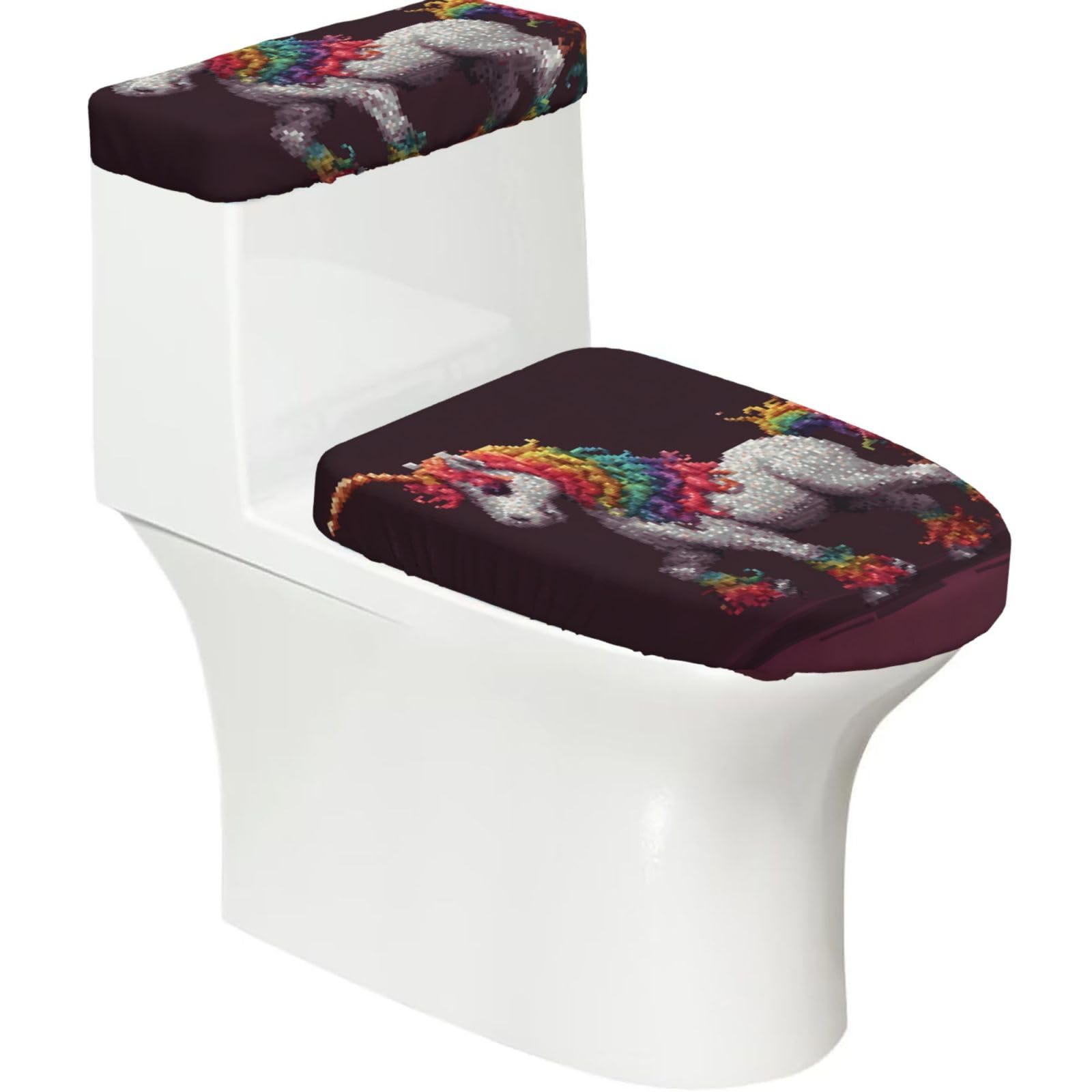Horned Horse 2-Piece Toilet Seat Cover Set with Tank Lid - Elastic for U-Shape & Elongated - Bathroom Decor