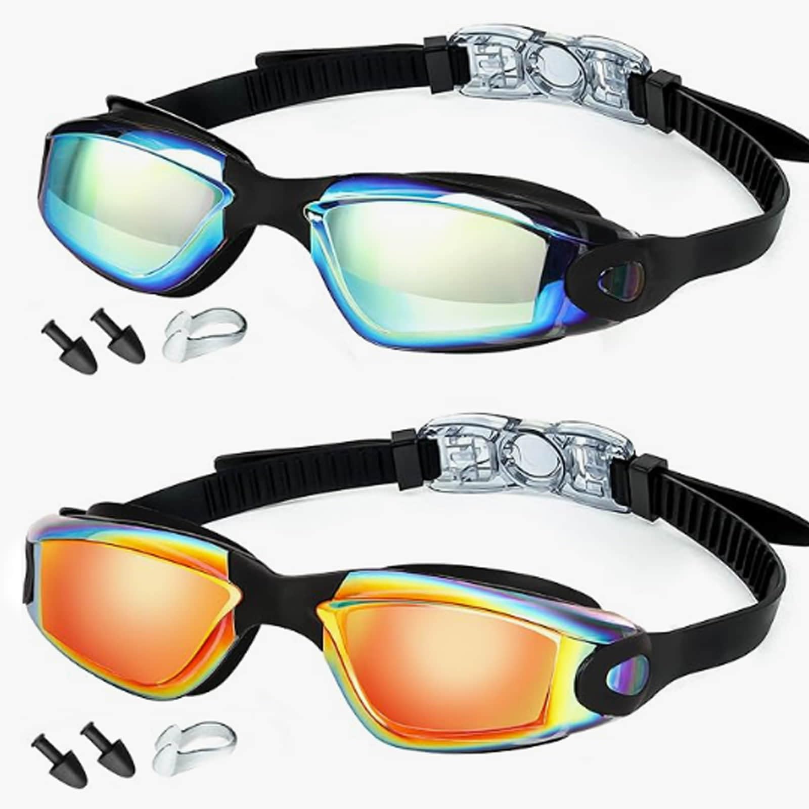 LMFERVER Swimming Goggles for Unisex Adult, 2 Packs Crystal Clear Swim Goggles with No Leaking, Anti Fog, UV Protection for Men, Women (Blue + Orange)