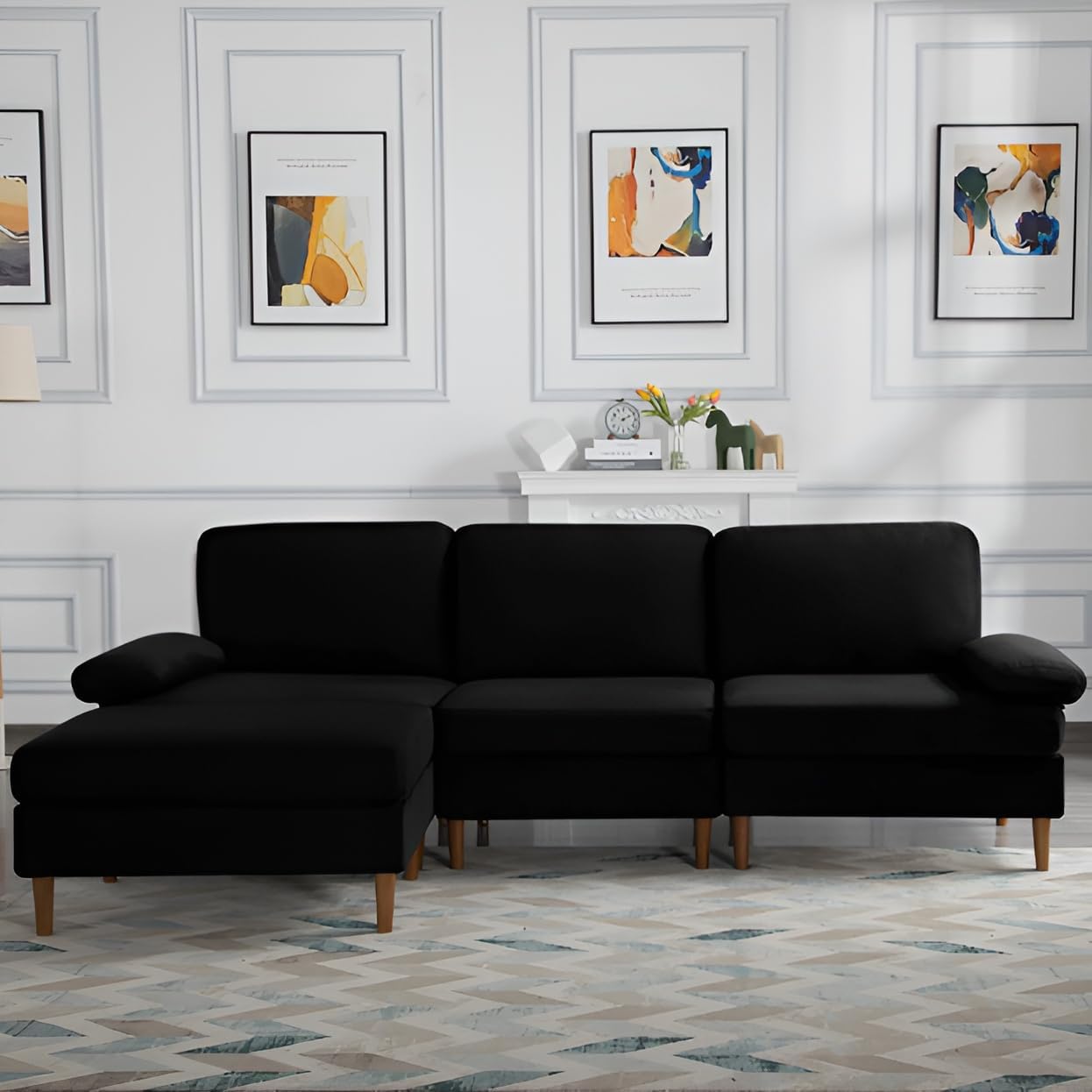 JOSHEN 102" Modular Sectional Sofa with Movable Ottoman,Modern Velvet Couch with Removable Washable Covers for Living Room,Apartments,Offices,Black