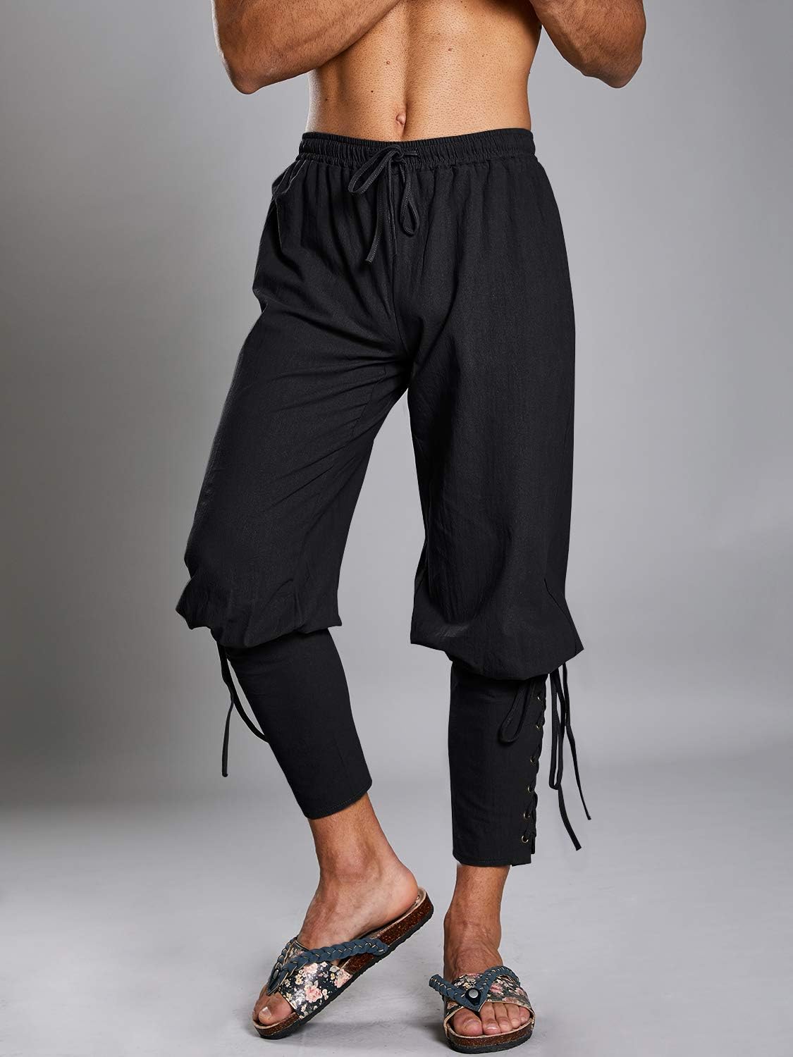 Makkrom Mens Medieval Ankle Pants Viking Pirate Costume Lace Up Tapered Banded Renaissance Navigator Halloween Trousers - Image 2