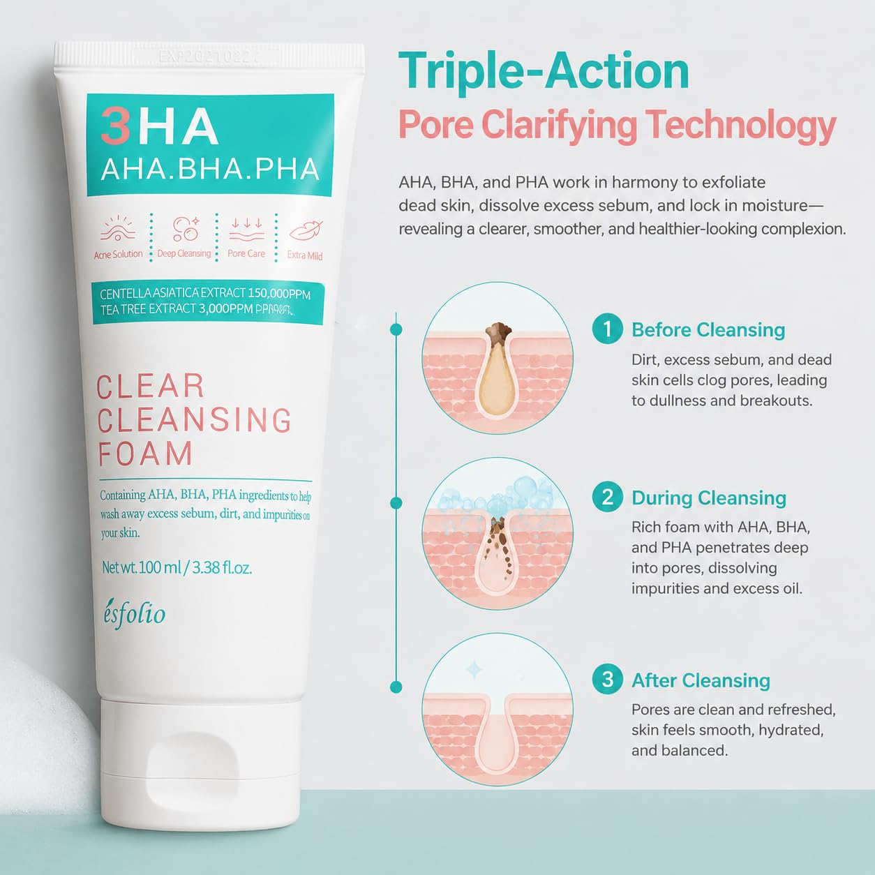 Esfolio Salisilik Asit Içeren Akneye Meyilli Ciltler Için Temizleme Köpüğü 3ha Clear Cleansing Foam