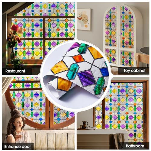 Windimiley Stained Glass Window Privacy Film: 3D Colorful Geometric Decorative Bathroom Frosted Window Clings Sun Heat Blocking Window Tint For Home Non Adhesive Door Covering thumb #5