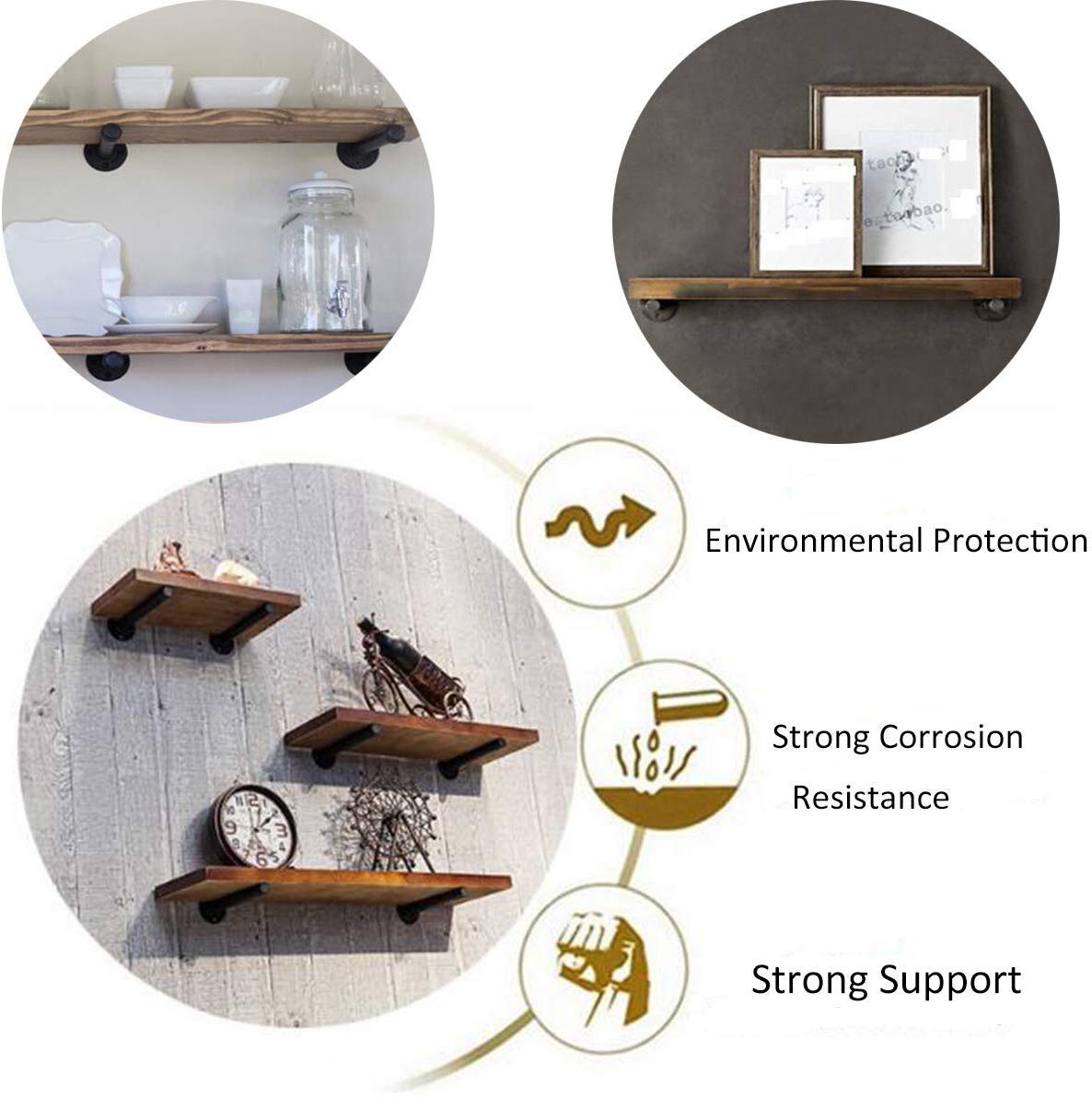 Industrial Pipe Shelf Brackets 12 Inch Set of 6, Rustic Pipe Shelves