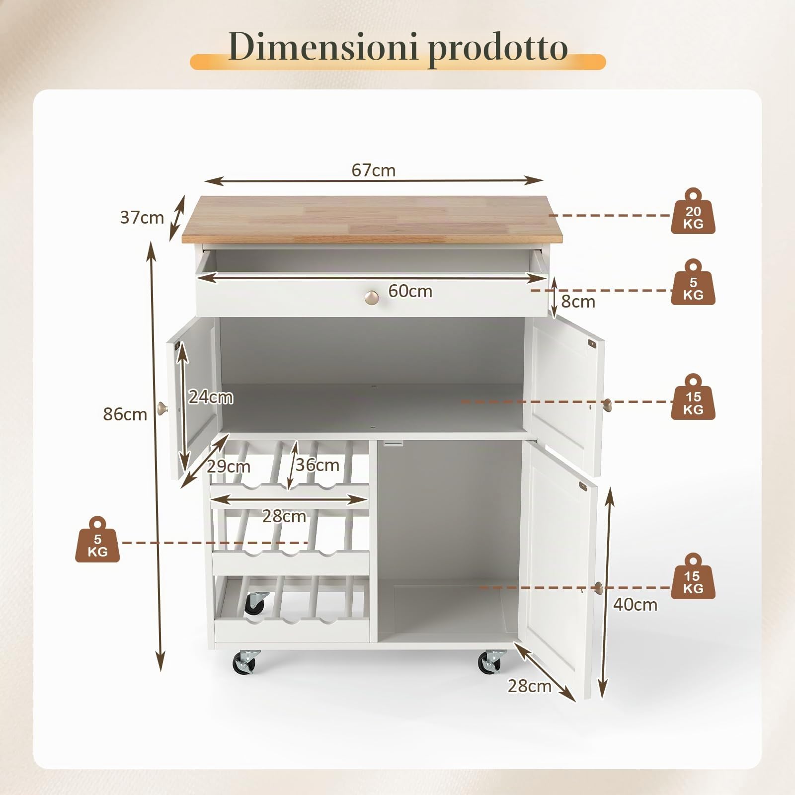 GIANTEX Carrello da Cucina Interno e Esterno, 1 Cassetto + 3 Ante + 3 Porta Vino, Credenza Mobile con 2 Ruote Bloccabili, Salvaspazio, Portata di 30 kg, 67x37x86 cm, 2 Colori (Bianco)