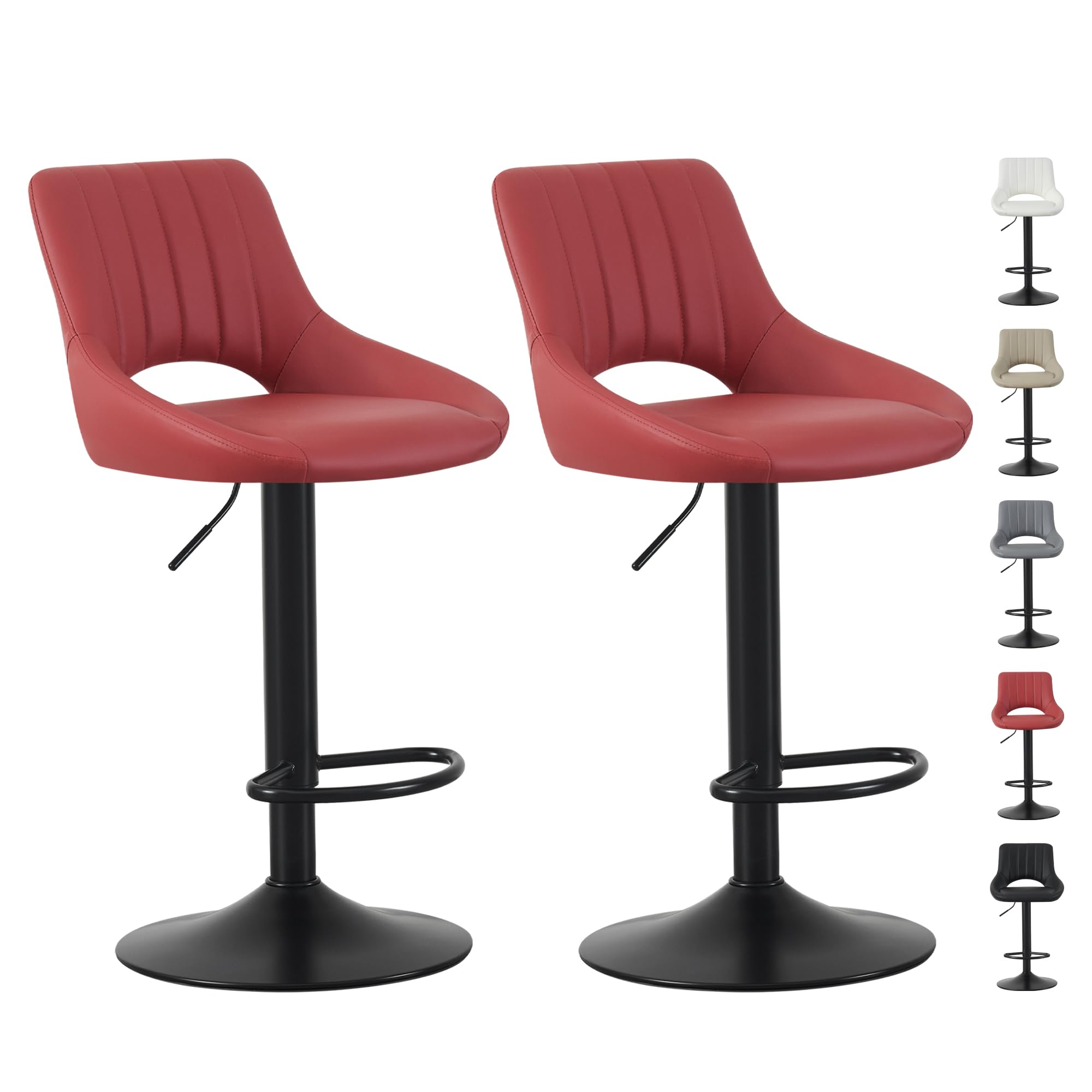 mcc direct Set of 2 Bar Stools, Height Adjustable Swivel Barstools, Counter Stools with Backrest, Faux Leather Seat, Footrest and Metal Base for Home, Kitchen and Restaurant (Red) - Stacey
