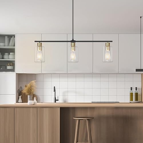 Miniatura 3 de KMaiPem Iluminación de isla de cocina, lámpara lineal de granja de 3 luces, lámpara de comedor negra y dorada con pantallas de vidrio, luces