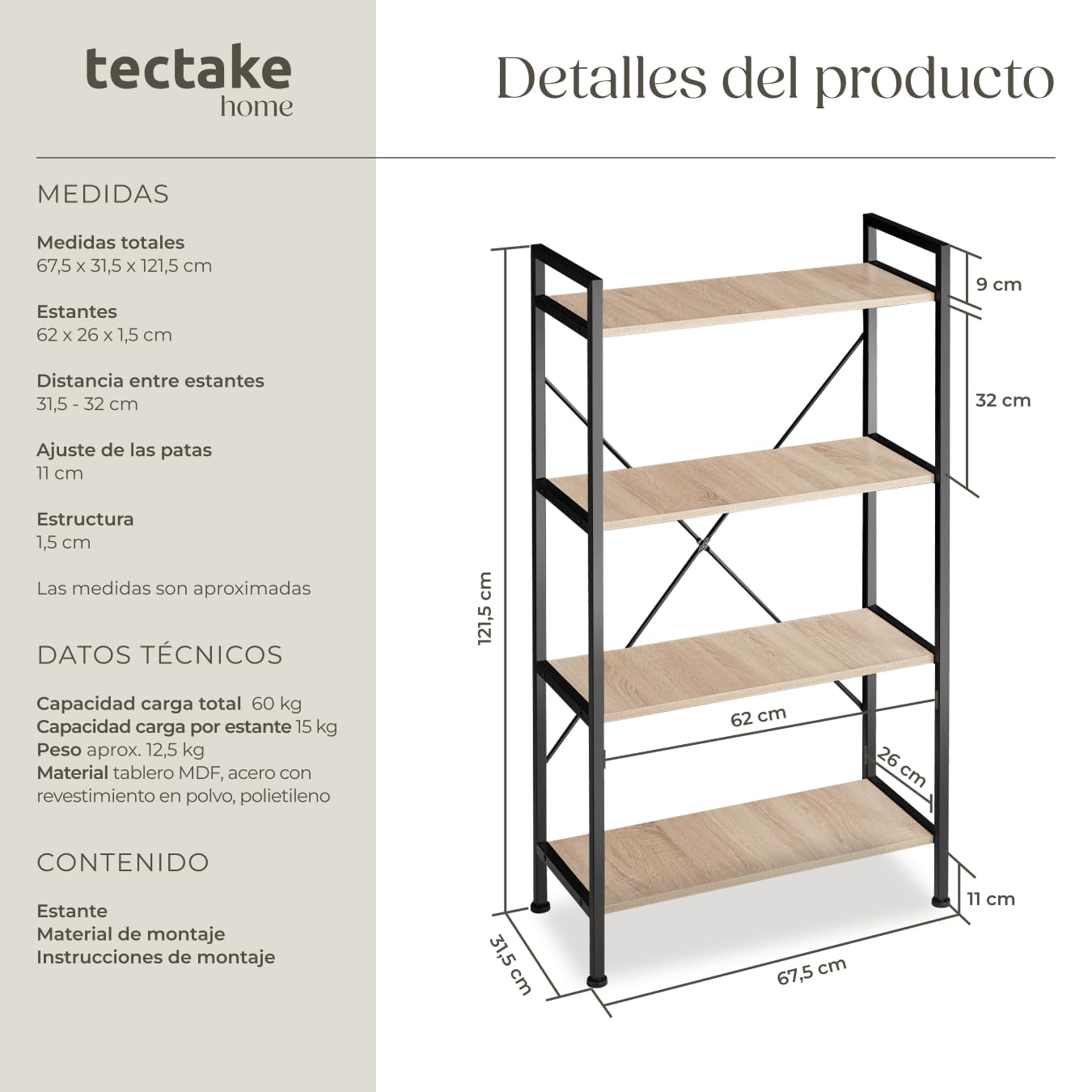 tectake® Estanteria Metalica de Estilo Industrial con Estructura Estable, Sistema Antivuelco, Estantería Madera para Oficina, Mueble Recibidor - Madera Industrial Clara, Roble Sonoma