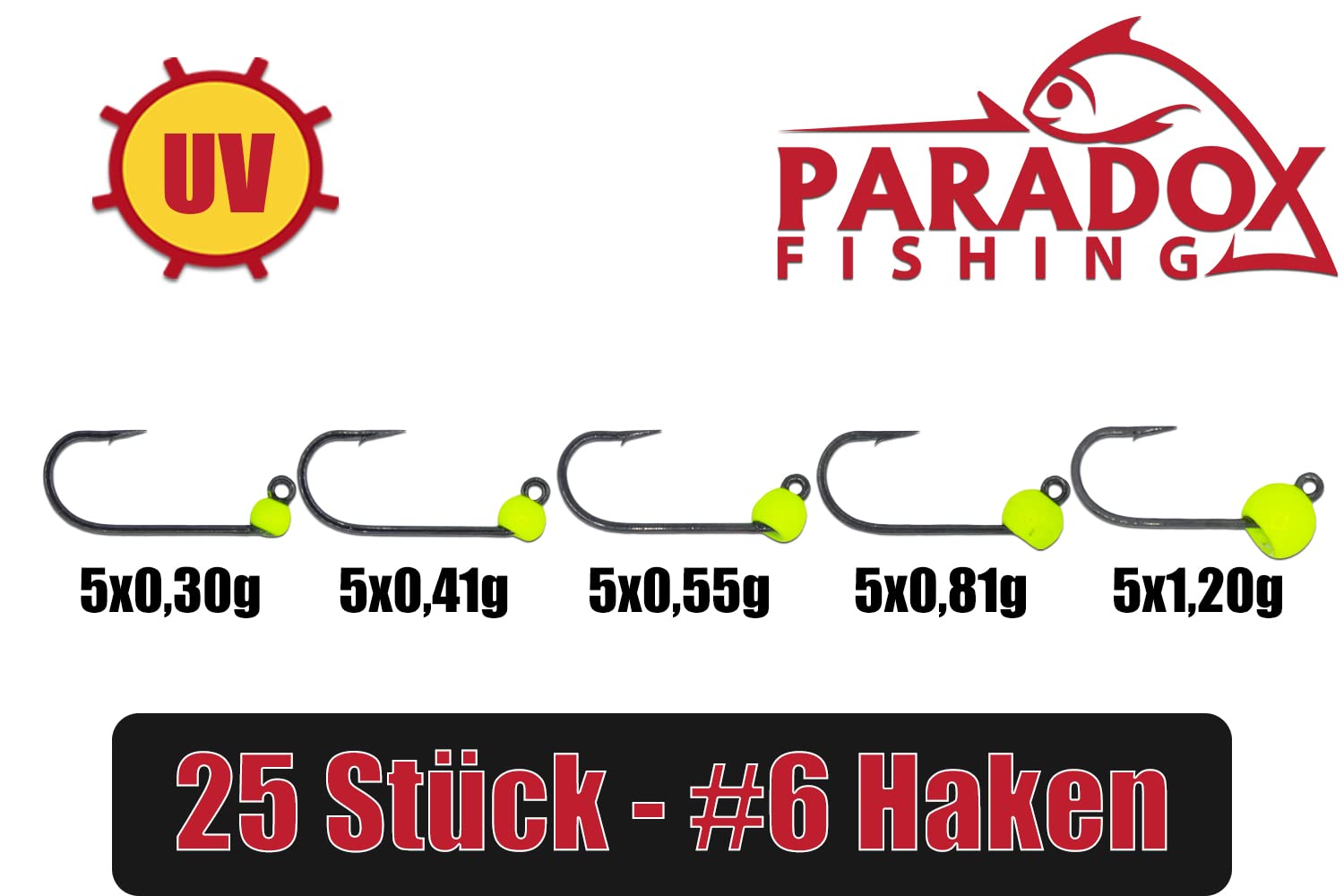 Paradox Fishing Zestaw haczyków jigowych z wolframu, 25 sztuk, 0,3 g - 1,2 g, po 5 sztuk #6, haczyki na pstrągi, gumowe przynęty, haczyki, spoons, przynęta na pstrągi
